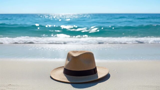 Sun-bleached Straw Fedora Hat Resting on Sandy Beach Shore with Gentle Ocean Waves