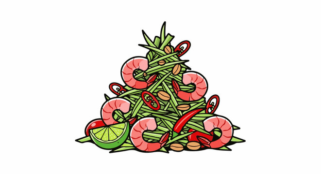A colorful cartoon illustration of a spicy shrimp and green bean salad
