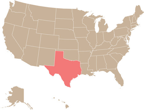 State of Texas Location Highlighted on Map of USA with Political State Boundaries Editable Design Cartographic Vector.