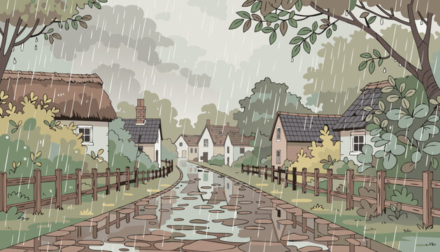Rainy Day Village Road with Wet Ground Reflections