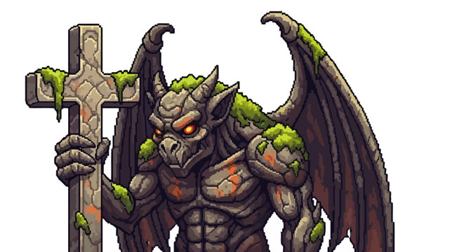Gargoyle Creature Holding Ancient Stone Cross Illustration.