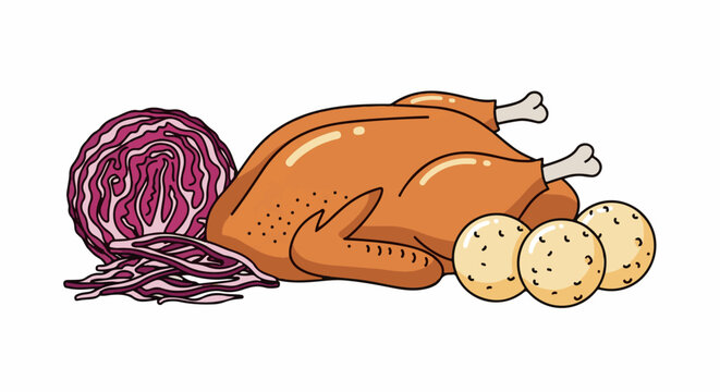 A cartoon-style roasted chicken lies beside red cabbage and three round rolls