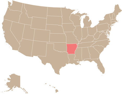 State of Arkansas Location Highlighted on Map of USA with Political State Boundaries Editable Design Cartographic Vector