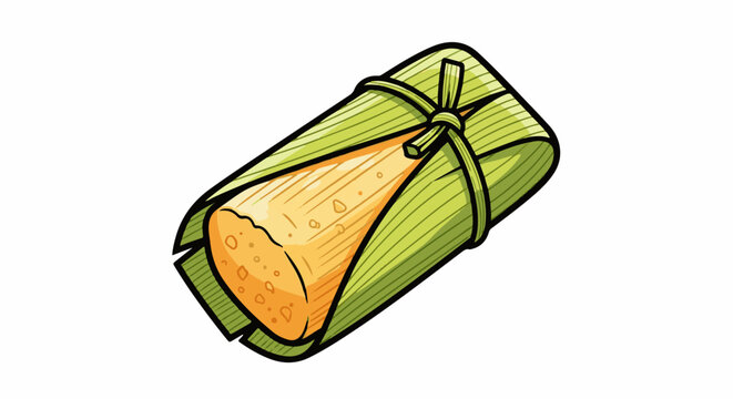 A cartoon illustration of a delicious, golden tamale wrapped in green leaves and tied with string