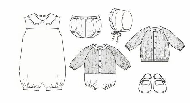 A collection of baby clothes including a romper, bonnet, sweater, bloomer, and shoes