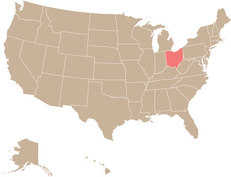 State of Ohio Location Highlighted on Map of USA with Political State Boundaries Editable Design Cartographic Vector