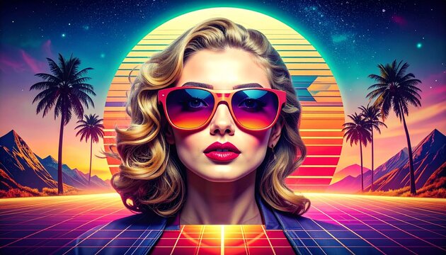 Retro Wave Woman with Sunglasses in a Synthwave Landscape.