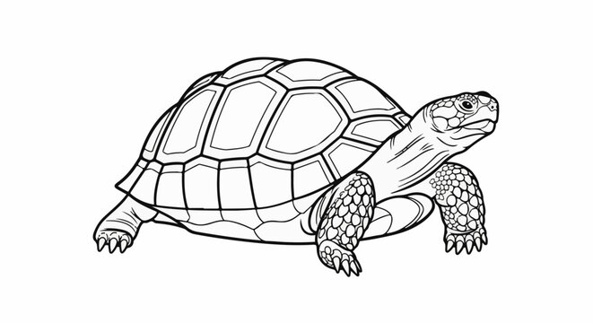 A black and white outline drawing of a tortoise with detailed shell and skin texture