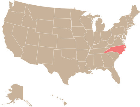 State of North Carolina Location Highlighted on Map of USA with Political State Boundaries Editable Design Cartographic Vector