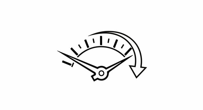 A black and white graphic icon of a speedometer with a needle pointing left, indicating low or decreasing speed