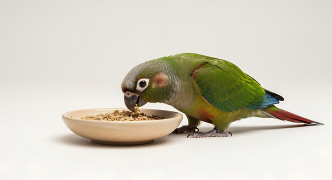 Green cheek conure parrot eating birdseed from a wooden bowl, isolated on a light gray background, perfect for pet care or avian themes