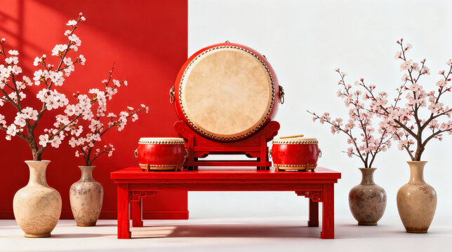 This indoor still life features a large red Chinese folk drum with two smaller drums on a red wooden table, paired with pink blossom arrangements in ceramic vases.