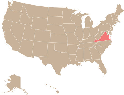 State of Virginia Location Highlighted on Map of USA with Political State Boundaries Editable Design Cartographic Vector