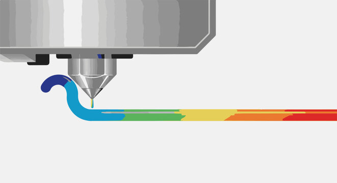 3D printer nozzle extruding multicolored filament, forming a rainbow ribbon
