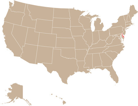State of Delaware Location Highlighted on Map of USA with Political State Boundaries Editable Design Cartographic Vector.