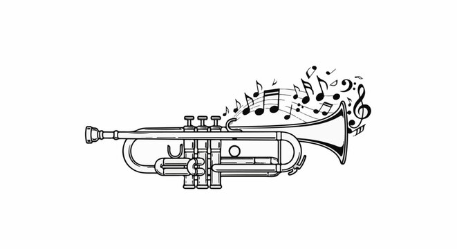A black and white illustration of a trumpet with musical notes emanating from its bell