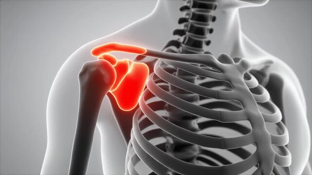 3D medical illustration of human shoulder skeleton, red-highlighted joint area, symbolizing anatomy, inflammation, pain, and musculoskeletal health.