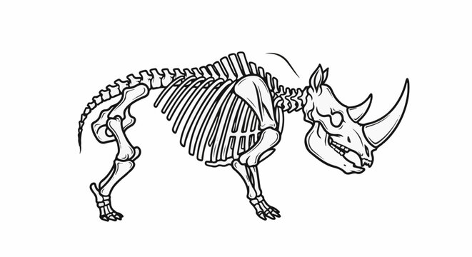 A black and white line drawing of a rhinoceros skeleton, showcasing its bony structure