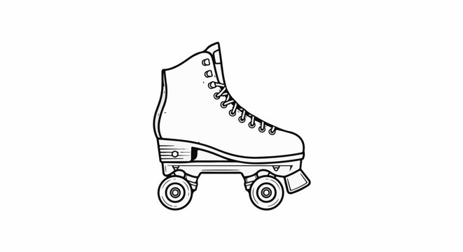 A black and white line drawing of a roller skate on a white background