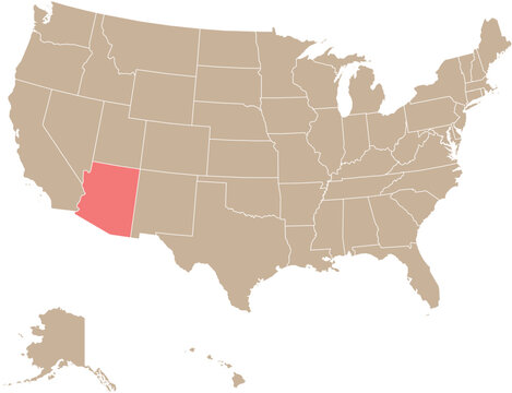 State of Arizona Highlighted on Map of USA with Political State Boundaries Editable Design Cartographic Vector
