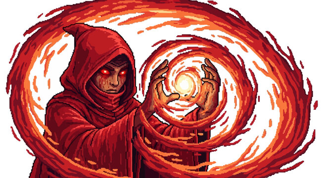 Mysterious Sorcerer Conjuring Fiery Energy with Glowing Orb.