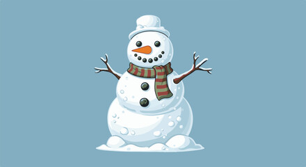 Fototapeta premium A cheerful snowman with a carrot nose, twig arms, and a striped scarf