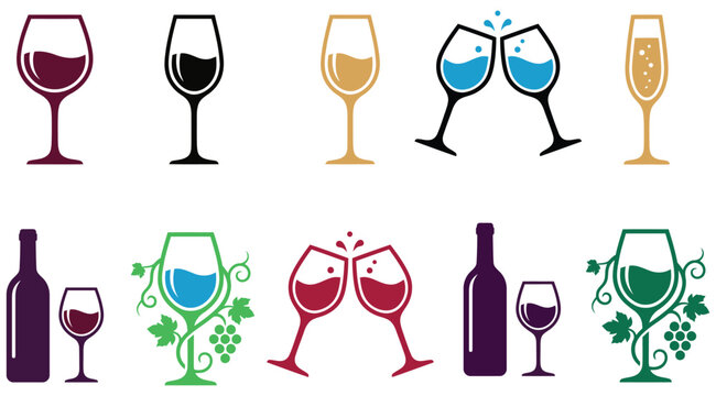 Collection of wine glass and bottle icons for winery and restaurant branding