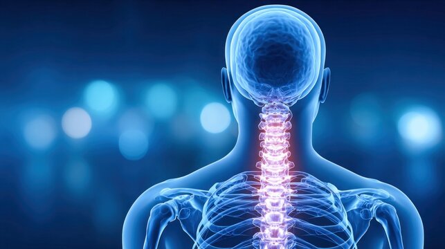 Anatomical illustration of the human spine and skeletal structure in blue