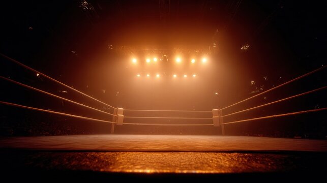 Dramatic view of an empty boxing ring illuminated by spotlights in a dark arena