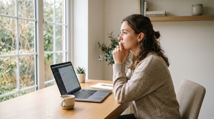 Fototapeta premium Thoughtful Person Working on Laptop at Desk