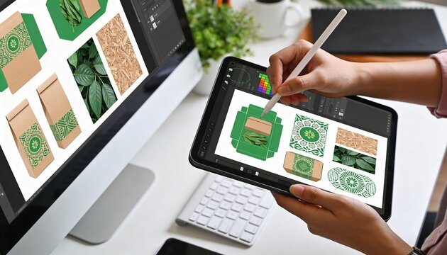 Person draws on a tablet with a stylus, creating green packaging designs. Their computer screen displays matching brown and green product templates. The workspace includes a keyboard and potted plants