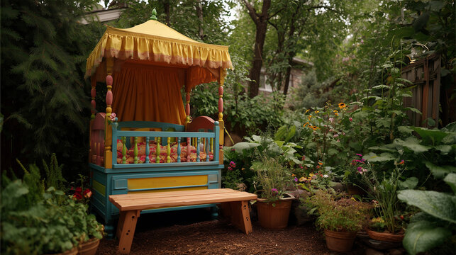 Garden canopy bed and bench photography, outdoor furniture and plants in a lush green garden scene