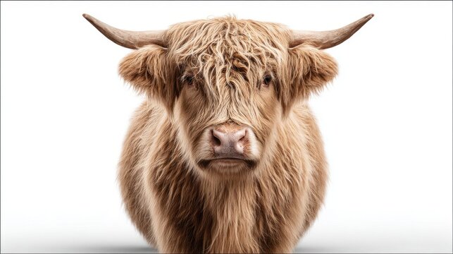 Highland cow portrait against a clean white background, front view