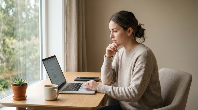 Thoughtful Person Working on Laptop at Desk