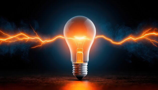 A glowing light bulb with bright orange electric sparks on a dark background symbolizes innovation and energy.