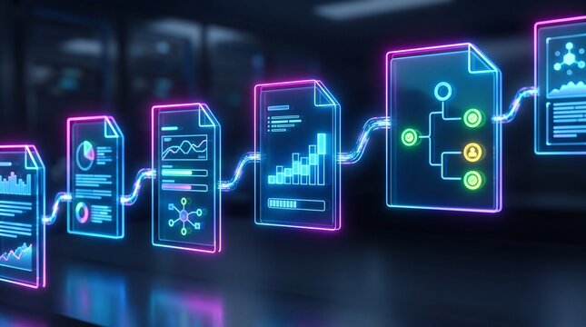 A digital representation of data flow with vibrant neon documents and graphs.