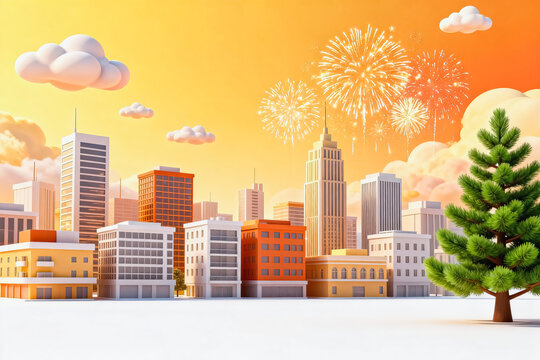 This 3D rendered cartoon cityscape features a downtown skyline with diverse buildings, festive fireworks, soft clouds and a pine tree under a warm orange sunset sky.