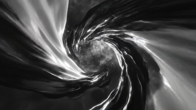 Abstract black and white flowing fluid forming a swirling tunnel, perfect for motion graphics and backgrounds.