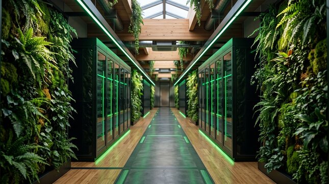 A modern hallway adorned with vibrant plants and futuristic lighting elements.