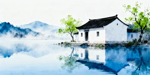 Fototapete Reflection This soft watercolor painting depicts a traditional Chinese cottage sitting on a lakeshore, with misty blue mountains reflected in the calm lake water and fresh spring green trees beside the building.  © jianhua