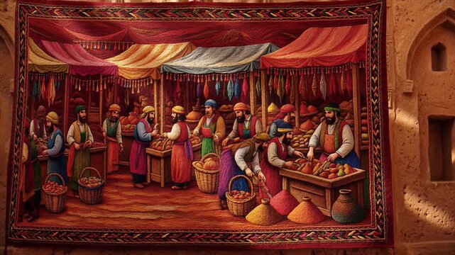 Vibrant Hand-Embroidered Tapestry Depicting a Bustling Traditional Market Scene