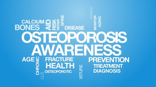 osteoporosis awareness concept Animated Tag Word Cloud kinetic typography, Text Design Animation typography seamless loop video motion graphics Intro Wordart tagcloud blue background bg backdrop campa
