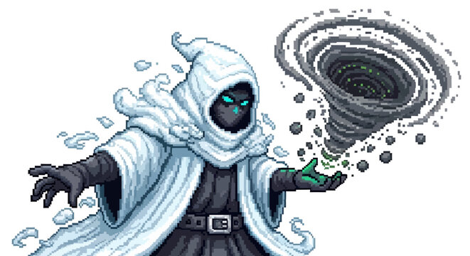 Mysterious hooded figure conjuring dark vortex magic.