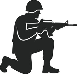 Fototapeta premium Soldier kneeling with rifle, military uniform, tactical gear, armed forces, combat readiness, defense and security.
