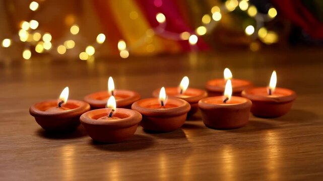Glowing clay oil lamps arranged in a row on a wooden surface, creating a warm and inviting atmosphere for celebrations and rituals. Perfect for festive occasions and spiritual practices