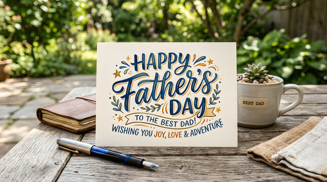Happy Father's Day greeting card on wooden table outdoors
