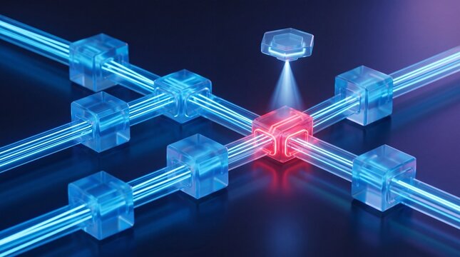 Abstract representation of quantum computing with glowing blue and red connections.