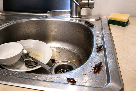 Cockroaches crawling on dirty kitchen sink with unwashed dishes. Infestation of household pest in messy apartment. Sanitary issue and hygiene problem, home maintenance concept.