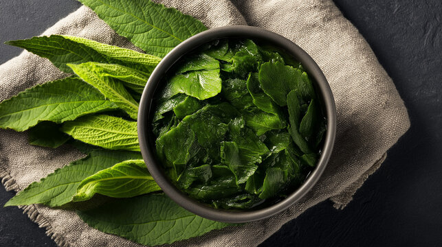 comfrey. Fresh green herbal paste on a linen cloth, a natural remedy prepared. lifestyle magazines, social media lookbooks, designed for influencer and brand collaborations.