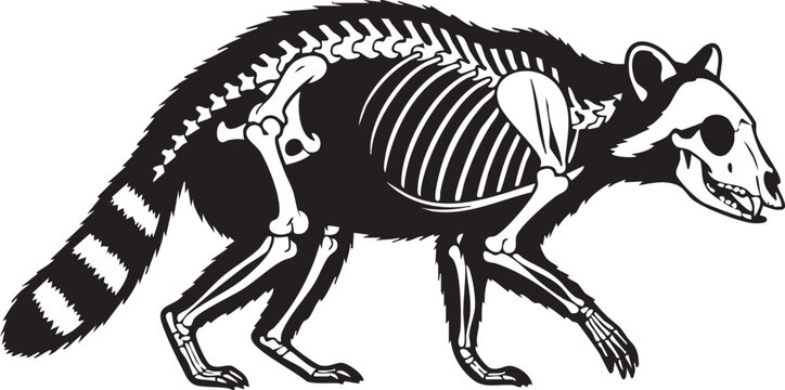 Skeleton of a raccoon walking on white background with no people